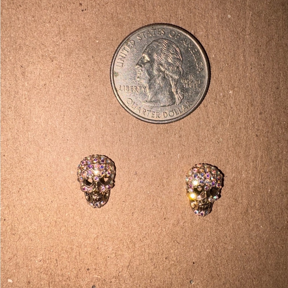 Betsey Johnson Pink Crystal Skull Stud Earrings in Gold Tone